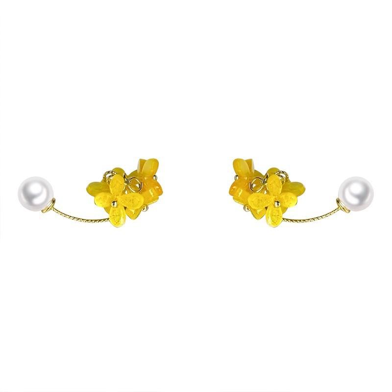 Women S French Vintage Osmanthus Tassel Pearl Earrings Sweet Elegant Ear Jewelry