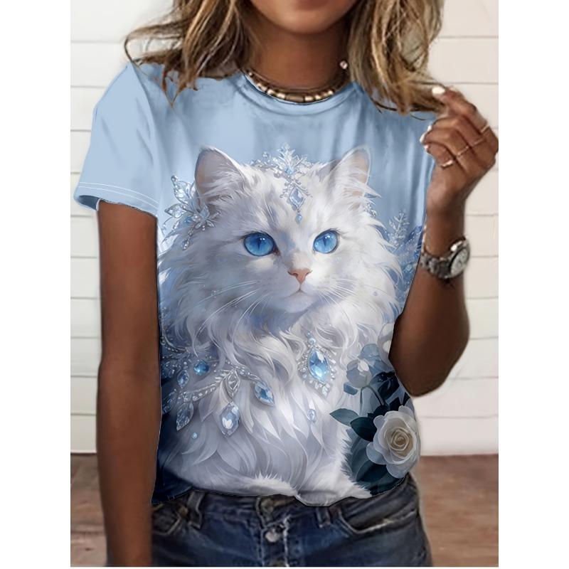 Funny Women's Cat Graphics T-Shirt Cute 3D Print Tees Fashion Tops Short Sleeves O-Neck T-Shirts Street Summer Woman Clothing