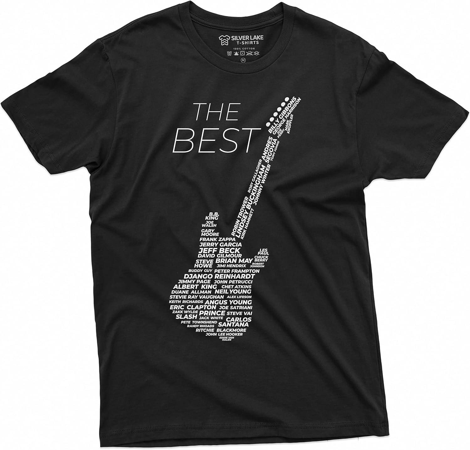 Мужская футболка для гитариста Музыкальная группа Кантри Рок Джаз Рубашка Легендарные гитаристы Футболка, Черный, Большой S