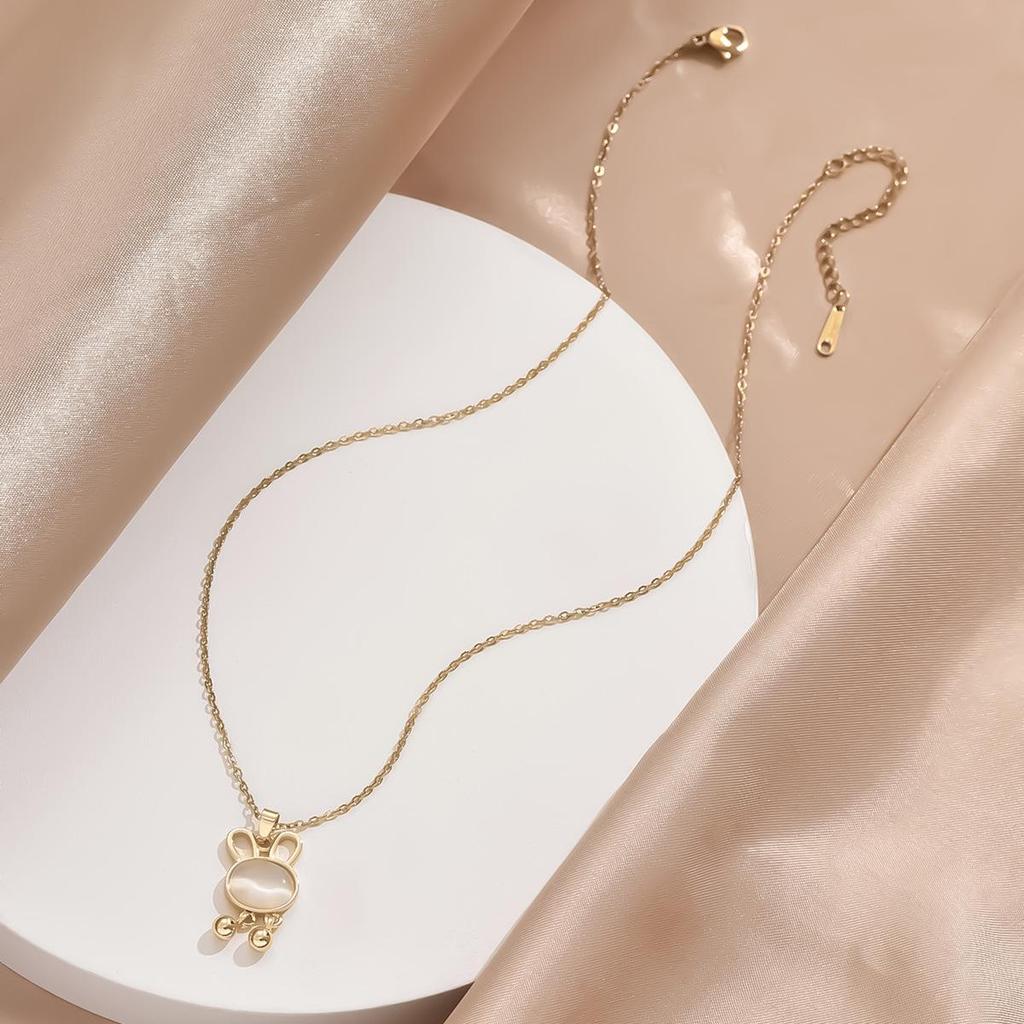 Stylish Little Rabbit Necklace with Cat's Eye Pendant & Water Wave Chain - Japanese & Korean Minimalist Luxury