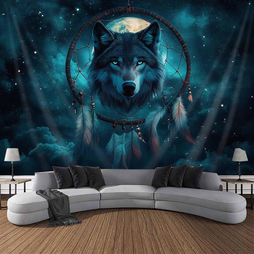 1Pc Blue-Eyed Wolf Tapestry Wall Hanging, Decorative Fabric Poster for Bedroom, Living Room, Dorm & Home Decor