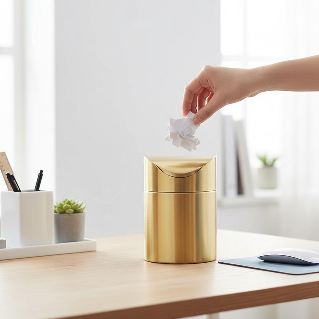 Gold Desktop Trash Can - 304 Stainless Steel Mini Bin with Lid, Light Luxury Storage Basket