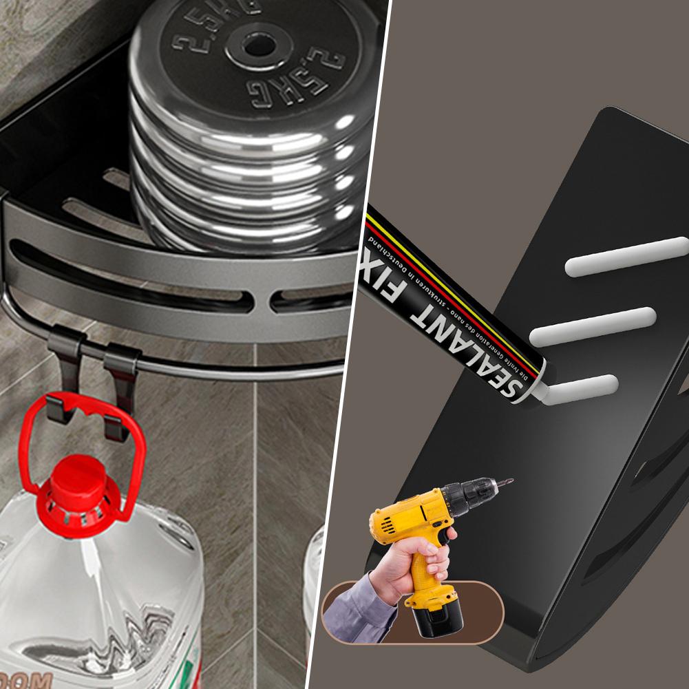 Bathroom Kitchen Shelf, Adhesive or Screws Wall Mounted Shower Shelving with 4 Movable Hooks,