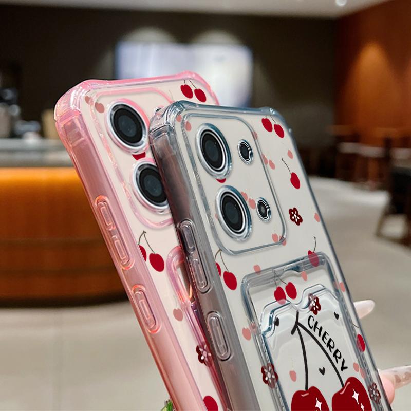 Cherry Pattern Soft Silicone Slim Phone Case For Xiaomi 14T 13T Pro Poco F6 X6 Pro C65 Redmi Note 13 12 Pro 11 Shockproof Clear Card Slot Back Cover