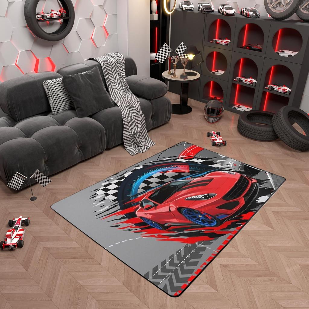 Racing Sports Car Rug, Checkered Flag Yellow Splash Print, Non-Slip Washable Soft Mat for Living Room Sofa Dining Room Indoor