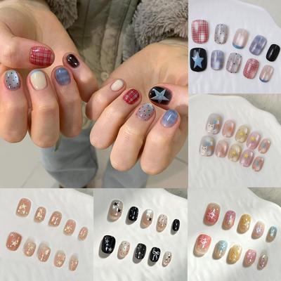 10Pcs French Short Oval Press On Nails Simple Block Stripes And Star Designs Glossy Mix And Match False Nails