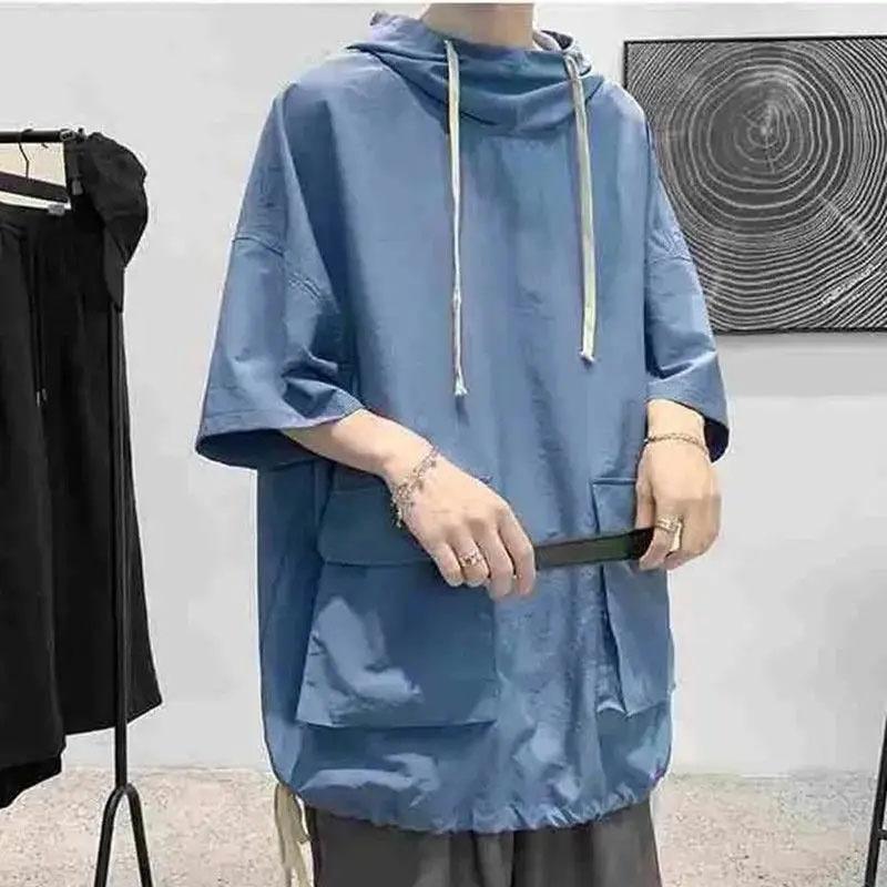 Summer and Autumn Hooded Short-sleeved T-shirt Men's Korean Version Half-sleeved Sweater Men's All-match Student Loose Hooded 5-point Sleeve Top