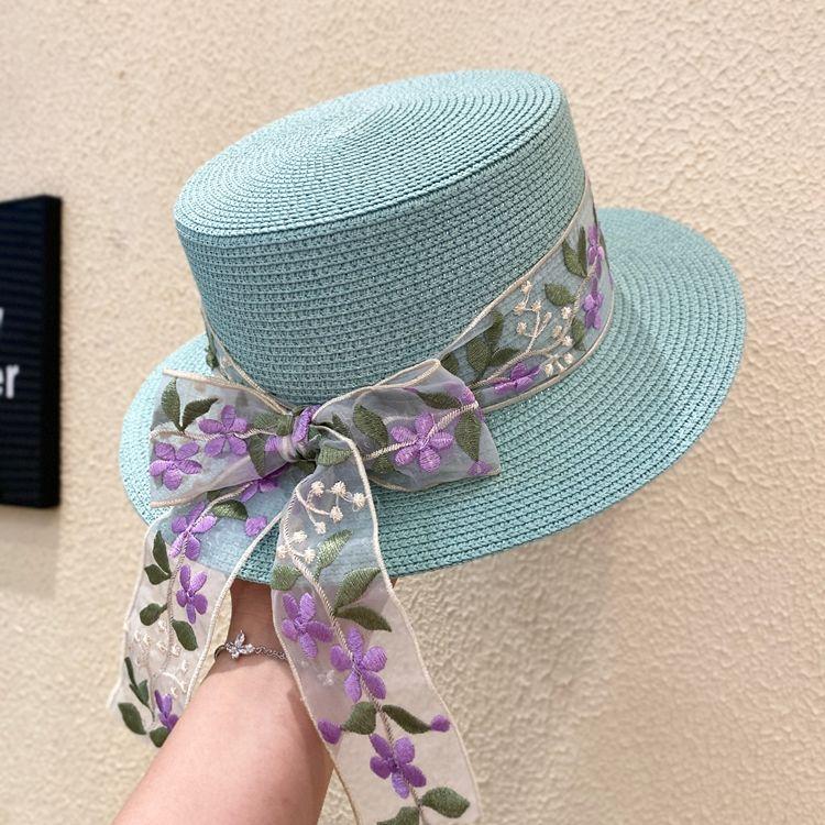 

Женская соломенная плетеная шляпа-цилиндр с короткими полями, летняя, кружевная, вышитая, фиолетовая, с плоским верхом, солнцезащитная и защищающая от солнца, соломенная шляпа 56-58cm светло-зеленый