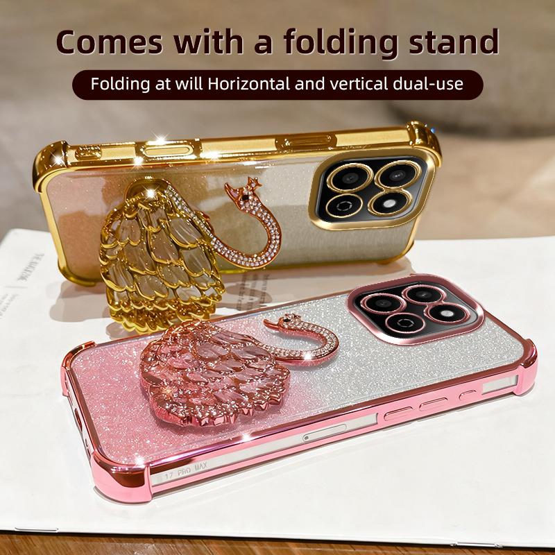 KEYSION Shockproof Plating TPU Phone Case for HONOR X7c Glitter Jewelled Swan kickstand Back Cover for Honor 200 Smart 5G
