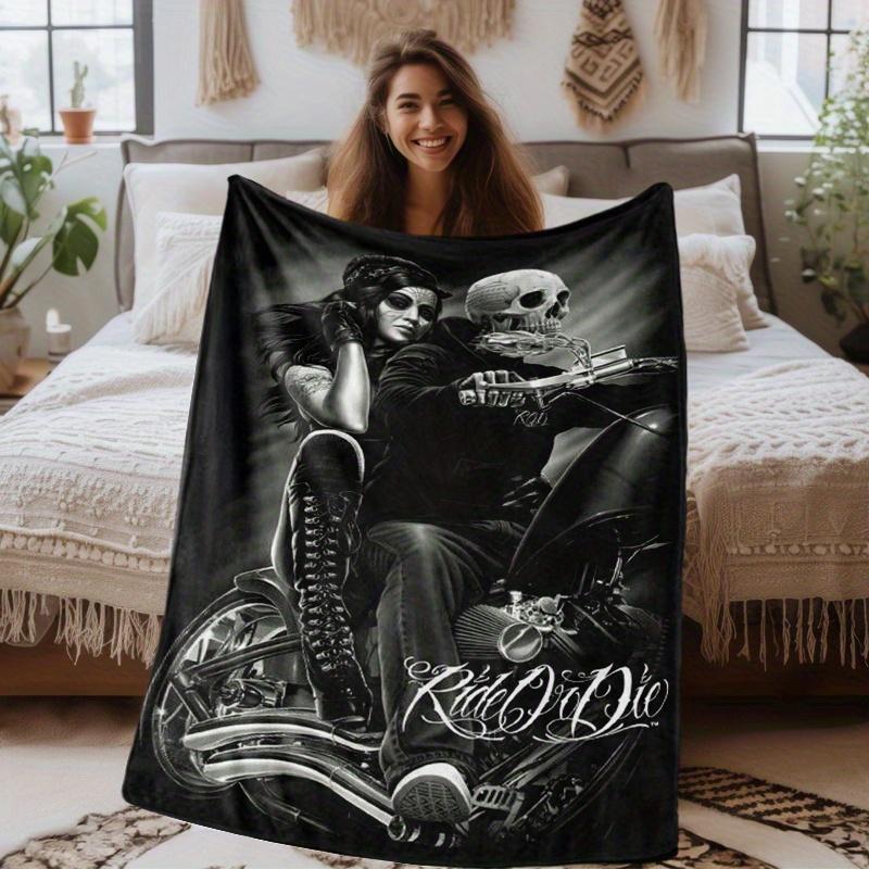 Rebel Motorcycle Skull Blanket ,Soft Warm Flannel Throw ,All-Season Edgy Decor ,Perfect for Bed Sofa Outdoor