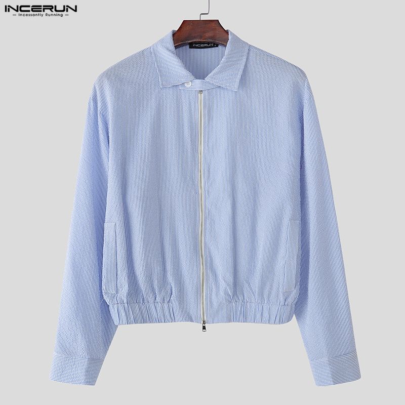 INCERUN Men Lapel Long Sleeve Zipper Up Striped Cropped Jackets Short Coats