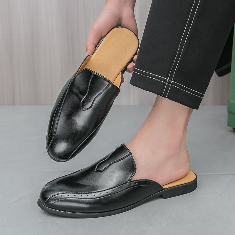 Luxury Men's Mules Half Shoes Green Mixed Brown Casual Mens Dress Shoes Summer Comfortable Breathable Leather Shoes For Men