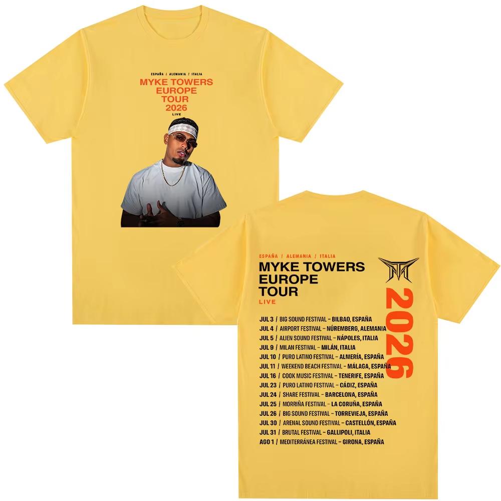 Rapper Myke Towers Europe Tour 2026 Tshirts Unisex Unisex Fashion Hip Hop Oversized T Shirt Cotton Short Sleeve Tshirt Streetwear