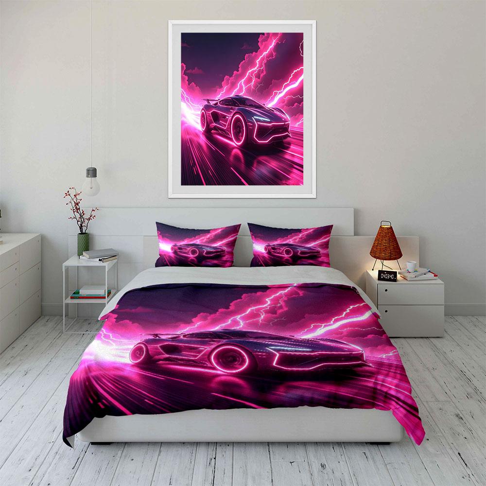 Cyberpunk Pink Neon Futuristic Sports Car Bedding Set,Purple Lightning Glow Hypercar Racing Print 3pc For Racing Fans