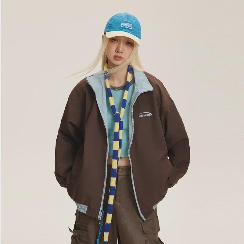 CATTEE Zweifarbige Kontrastjacke mit Stehkragen - Unisex Lässig Frühling/Herbst Lockere Passform