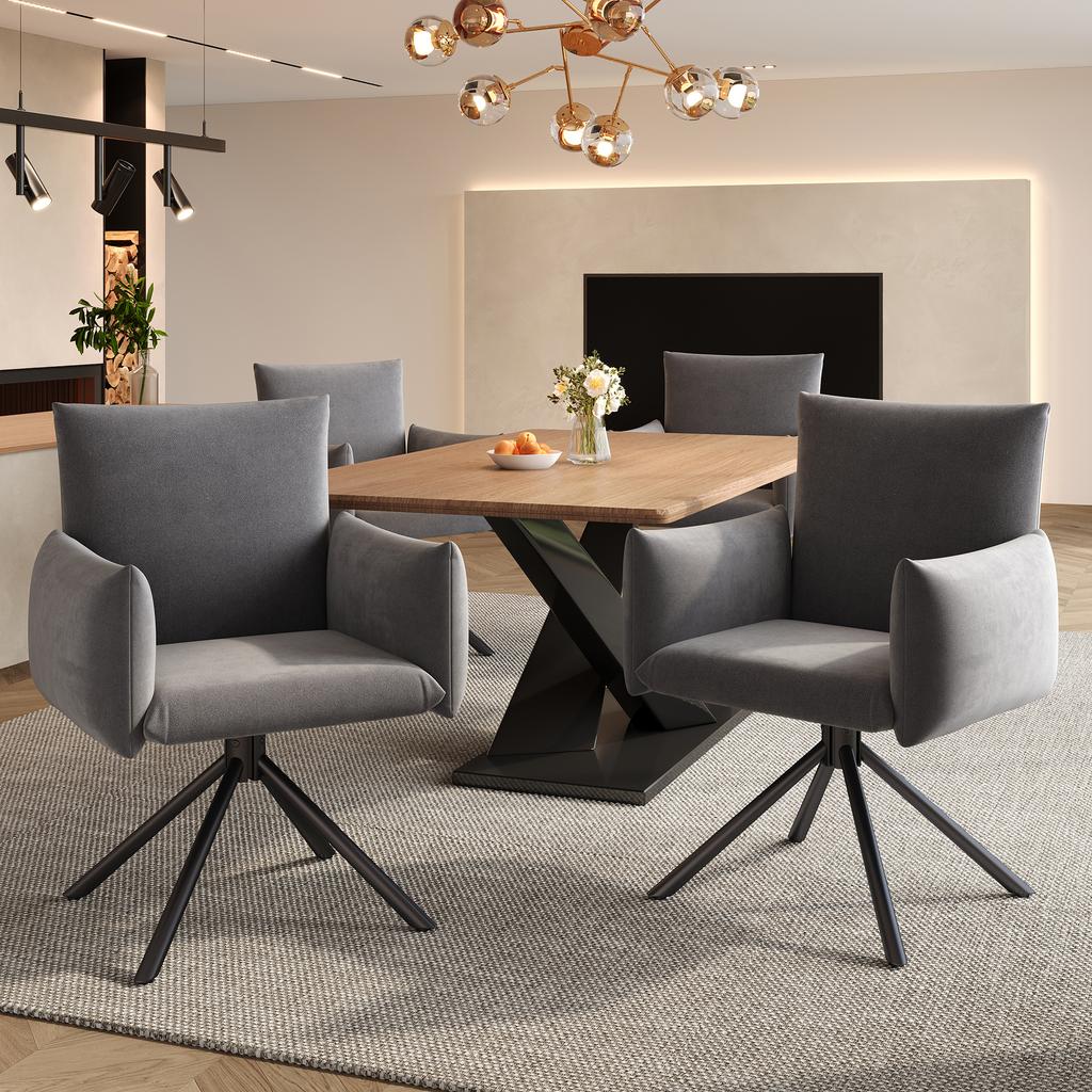 Set of Two Dining Chairs, Upholstered Armchair with 4 Metal Legs, 360 degrees Casual Swivel Chair, Work and Desk Chair, Lumbar Support, Velvet, Grey