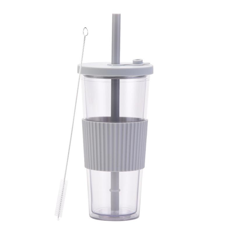 2025 Large Capacity Double Layer Plastic Cup Large Hole Straw Pearl Boba Milk Tea Cup Portable Outdoor Straw Cup