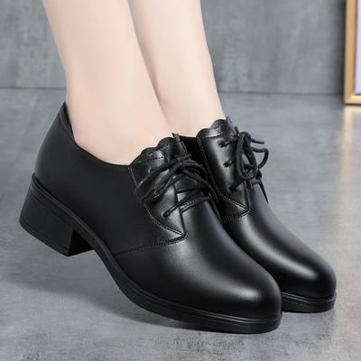 Soft Leather and Soft Sole Comfortable Low Heel Round Toe Deep Mouth Fashionable Thick Heel Ladies Leather Shoes Large Size Single Shoes for Women