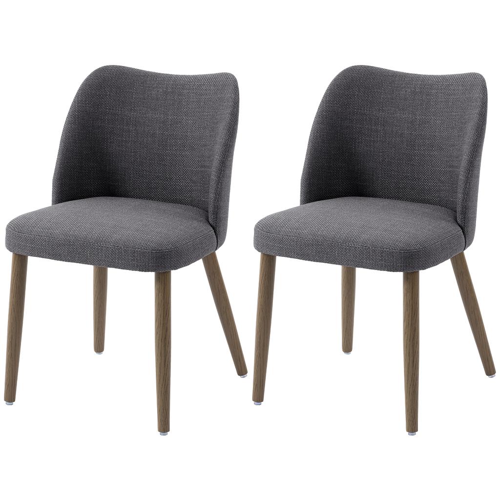 Dining Chairs Set of 2, Linen Upholstered Kitchen Chairs with Padded Seat, Curved Backrest, Rubberwood Legs, Dark Grey