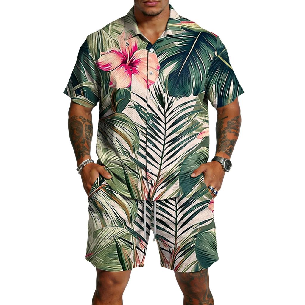 Men's Casual Printed Lightweight Breathable Shirt and Drawstring Shorts Set