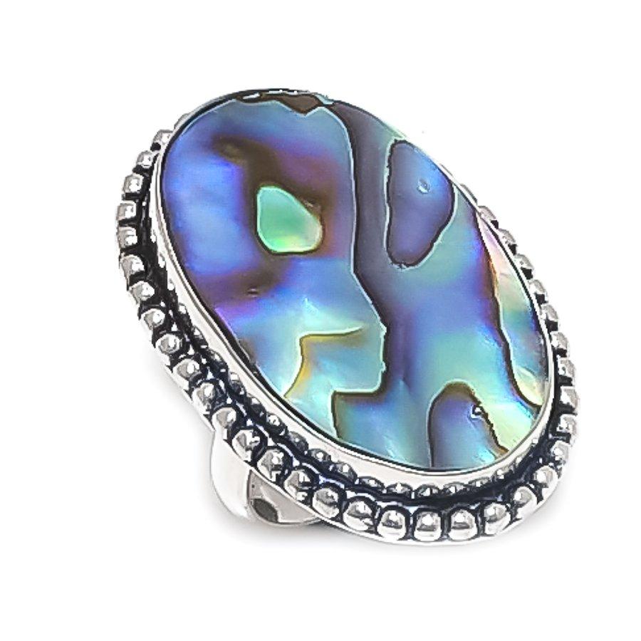 

Драгоценный камень из раковины абалона Ювелирное изделие из стерлингового серебра 925 пробы Кольцо Размер 6