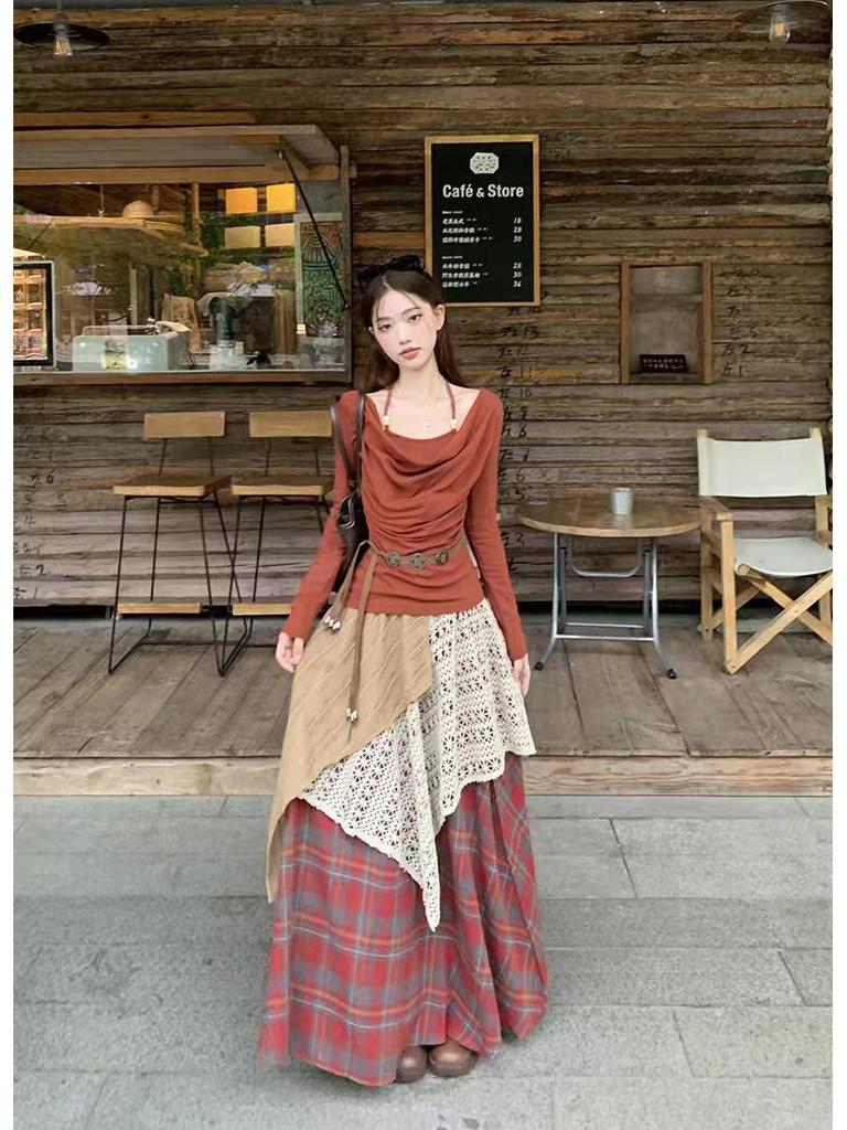 Retro Japanese Ethnic High-Waisted Slim Long Skirt for Women - Autumn/Winter Spliced Design