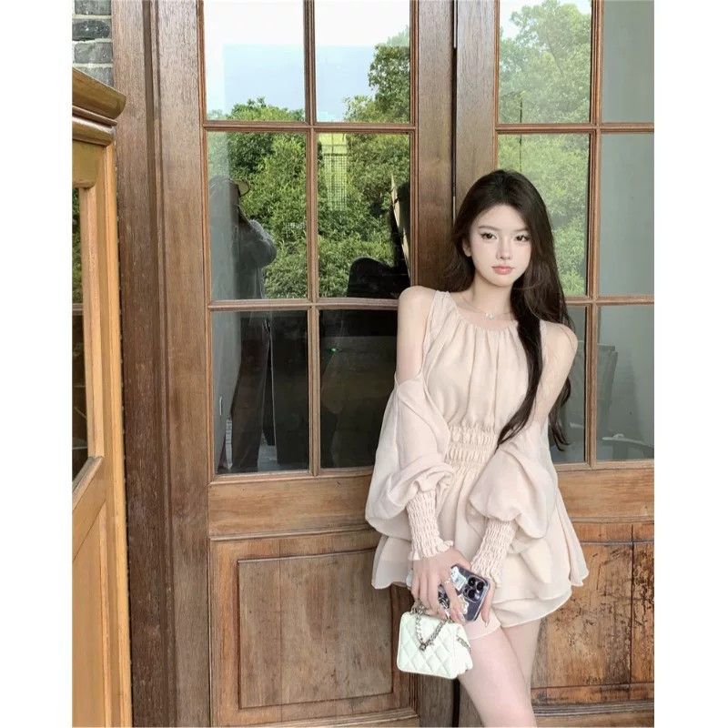 Double-layer sleeve French gentle off-shoulder long-sleeved waist chiffon shirt women's summer suit women's casual straight shorts