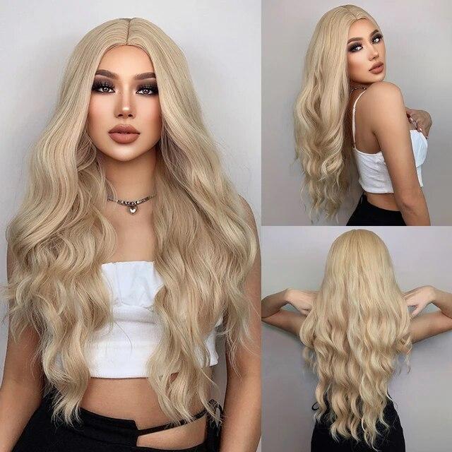 Long Wavy Ombre Black White Synthetic Wigs for Women Heat Resistant Natural Middle Part Cosplay Party Lolita Daily Hair Wigs