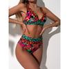 Damski dwuczęściowy strój kąpielowy bikini z tropikalnym wzorem pantery, dekoltem w serek i wysokim stanem