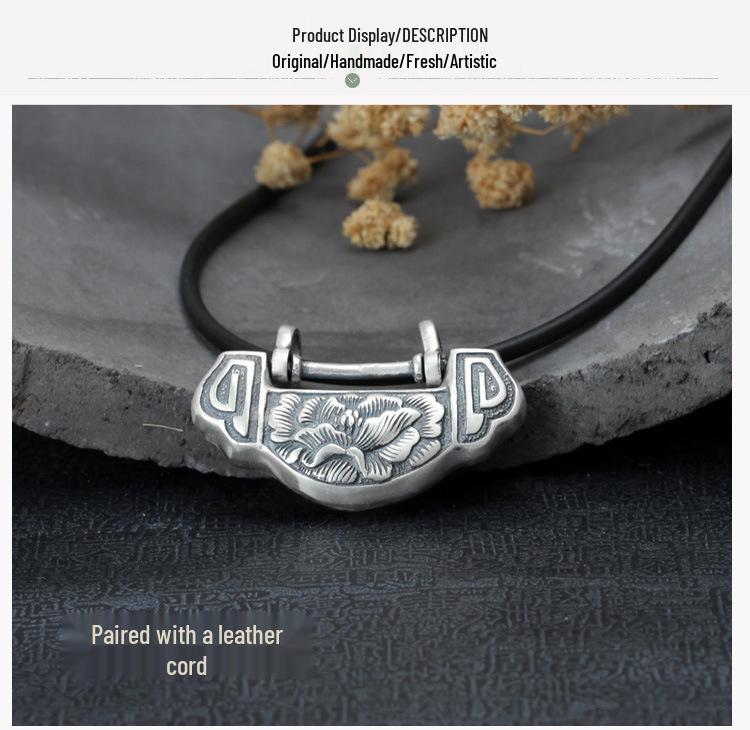 S990 Sterling Silver Cloisonné Lotus Ruyi Lock Flower Pendant Necklace - Ethnic Style Exquisite Design