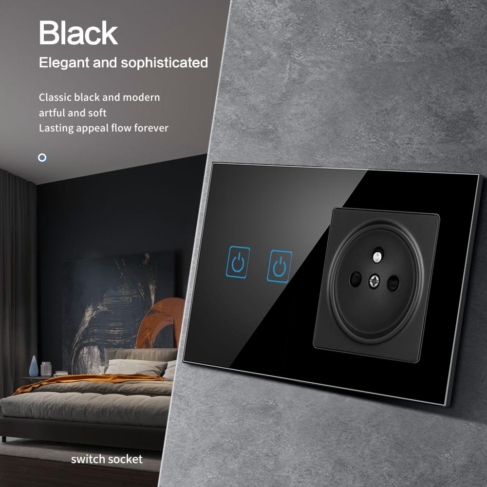 EIOMR France Touch Sensor Switch with Socket Crystal Glass Panel 110~250V 16A Wall Socket with Light Switch Home Improvement
