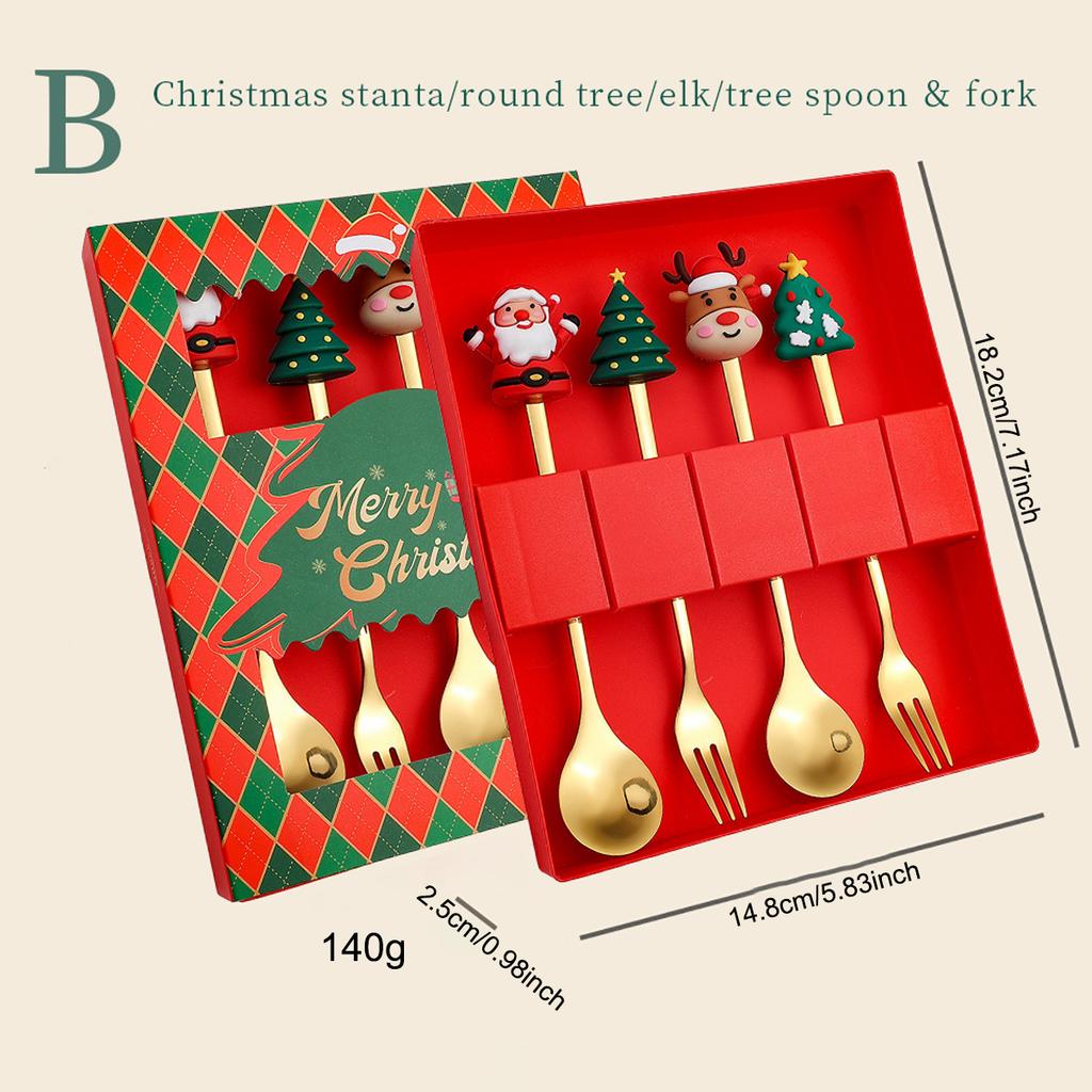 4pcs Christmas Party Dinnerware Set with Gift Box Christmas Tree Dessert Fork Spoon Cutlery Set Gold Stainless Steel Tableware