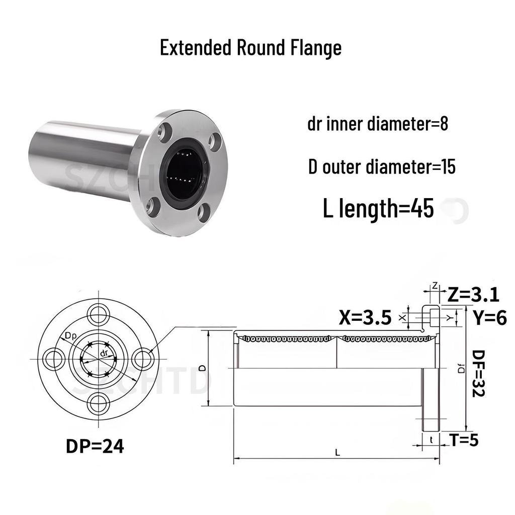 LM8UU Series 8mm ID Linear Bearing, LMK8UU Flange, Wear-Resistant, Smooth.