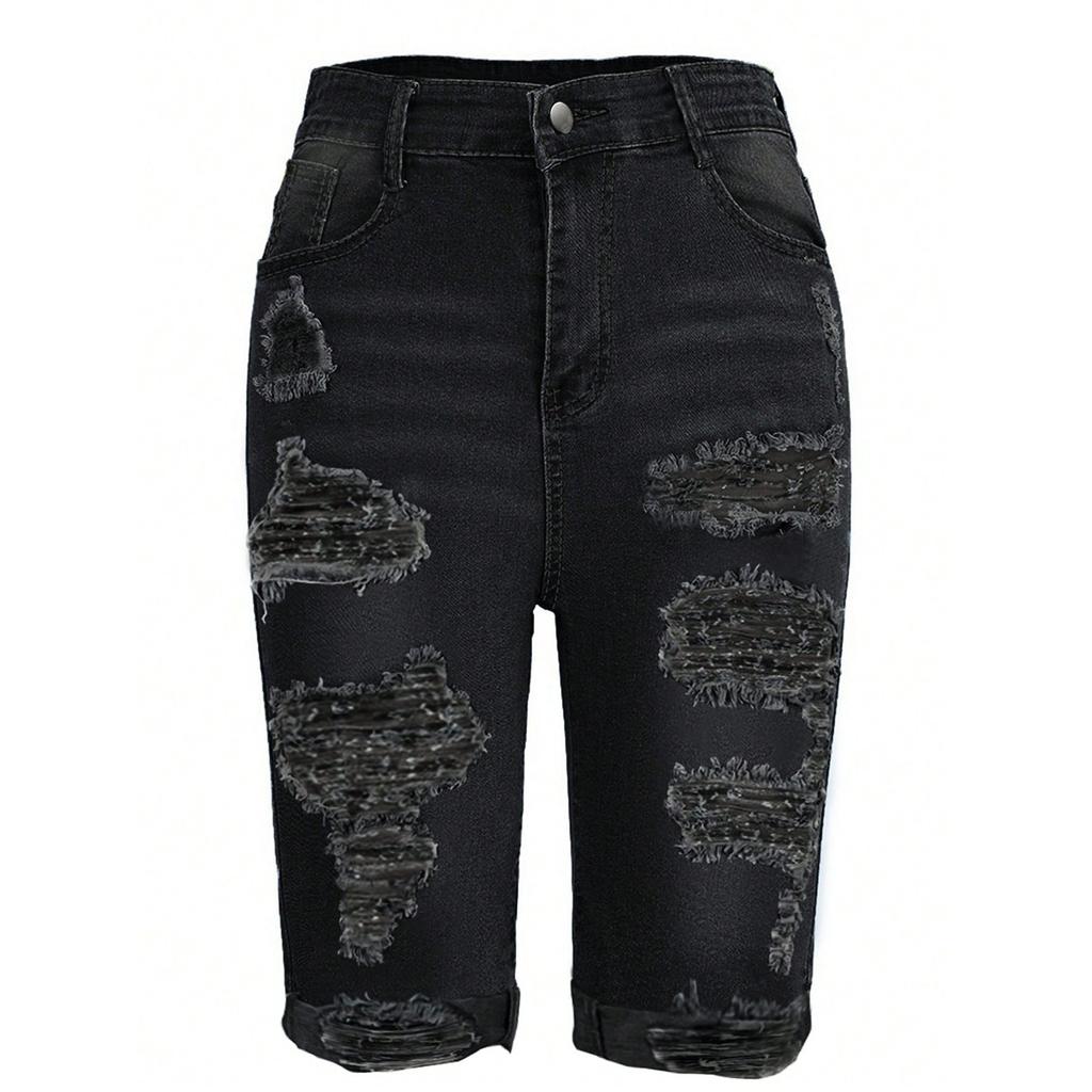 Damen Skinny Trend Ripped Lässige Mode Kleine Fuß Fünf-Viertel Jeans