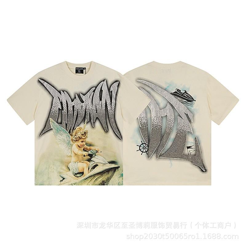 Unisex Vintage American Style Loose Fit Cotton Tee With Embellished Letter Print Round Neck Short Sleeve