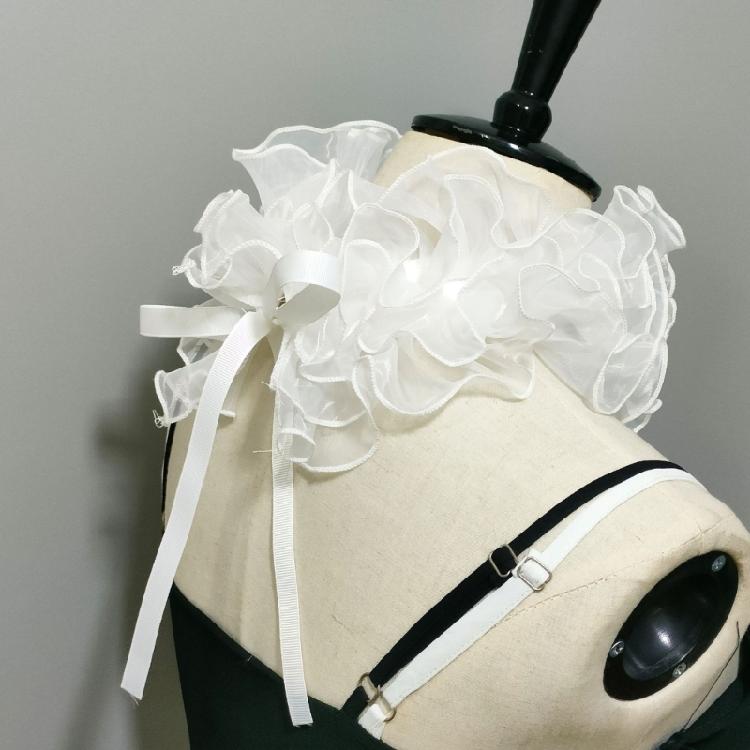 Women Organza Layering Ruffled False Collar Ribbon Tie Detachable Chokers Shawl