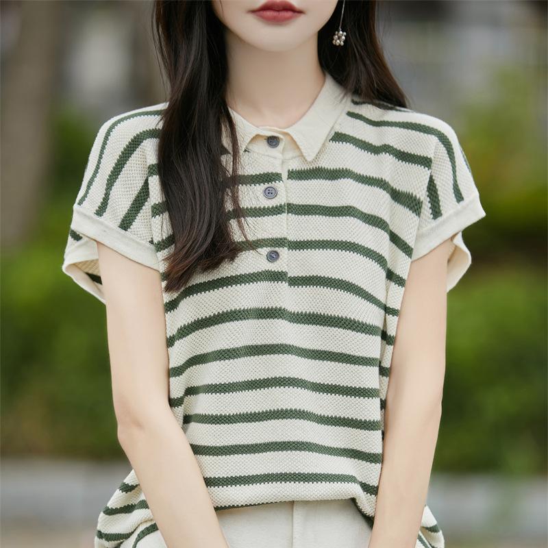 Guler POLO Bumbac Pur Tricotat Mânecă Scurtă Modă de Vară pentru Femei Versatil Tricou cu Dungi Absorbant de Transpirație Top Tricou de Bază