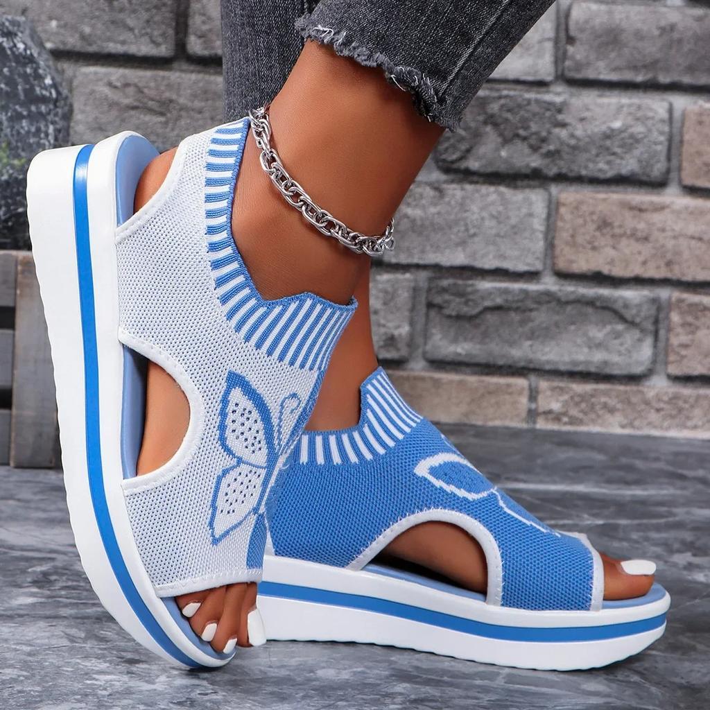 Fashion 2024 Summer New Women Sandals Round Toe Platform Sole Mesh Single Women Shoes Casual Fashion Blue Butterfly Plus Size Sandals