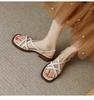 French Vintage Brown Open-toed Sandals Flat Summer Word with Beach Strap Cross Low Heel Roman Sandals