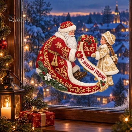 Festive Storefront Glass Ornaments Static Cling Window Decal, PVC Electrostatic Stickers with Frosty Old Flexible Reusable Decals Man Snow Maiden