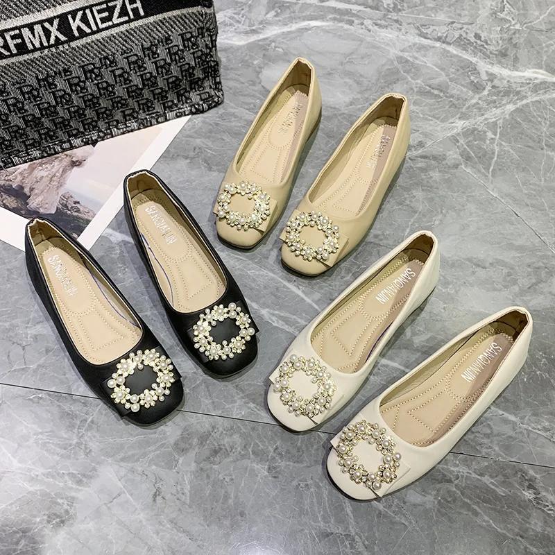 Spring and Autumn New Luxury Women's Flat Shoes Fairy Style Pearl Shallow Mouth Casual Shoes Soft Bottom Comfortable Work Shoes