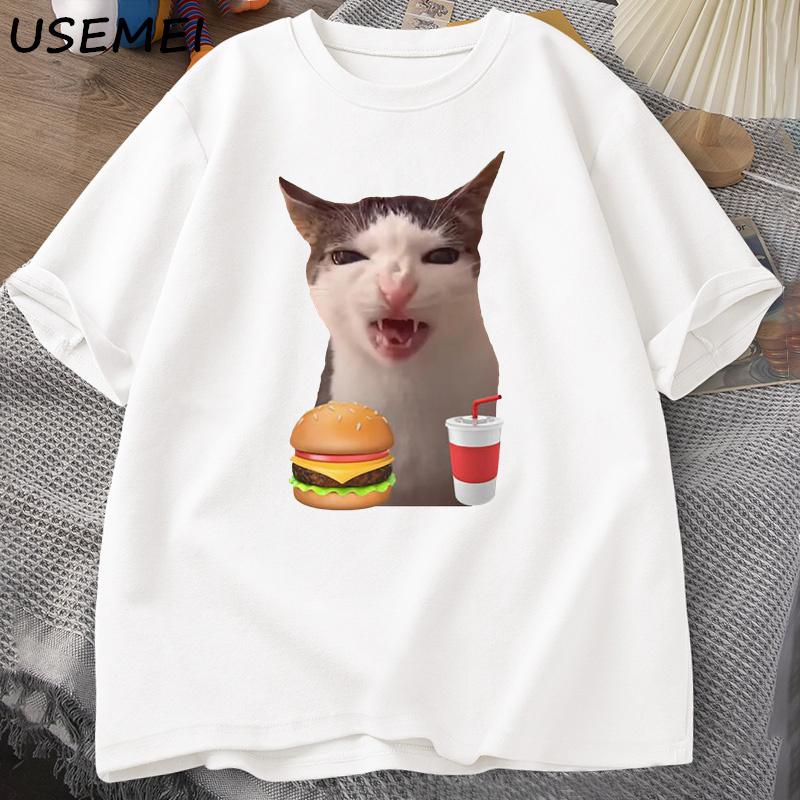 Cat Crunching Food Meme T-shirt Men Silly T Shirts Funny Cat Eating T-Shirt Cotton Short Sleeve Graphic Tees Streetwear