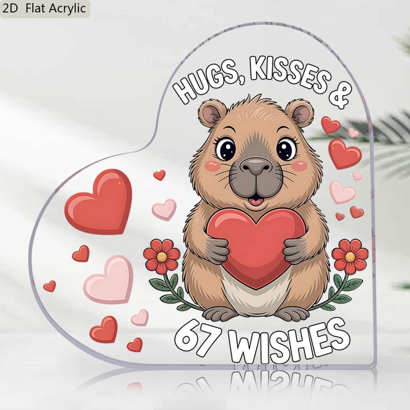 2D Flat,  HUGS, KISSES & 67 WISHES  Heart-shaped Acrylic Valentine S Gift Desktop Decoration Plaque, Suitable for wall Decoration, porch, Room, Villa, 9.7*9.7CM