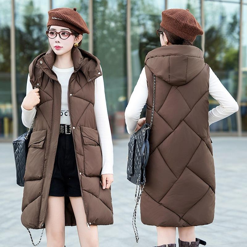 Cotton vest women's autumn and winter new medium and long hooded sleeveless jacket versatile thickened warm vest