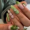 10 Pièces Ongles Press-On Amande Longs Faits à la Main, Nude avec Dégradé Vert & Ligne Dorée Strass & Perle Faux Ongles