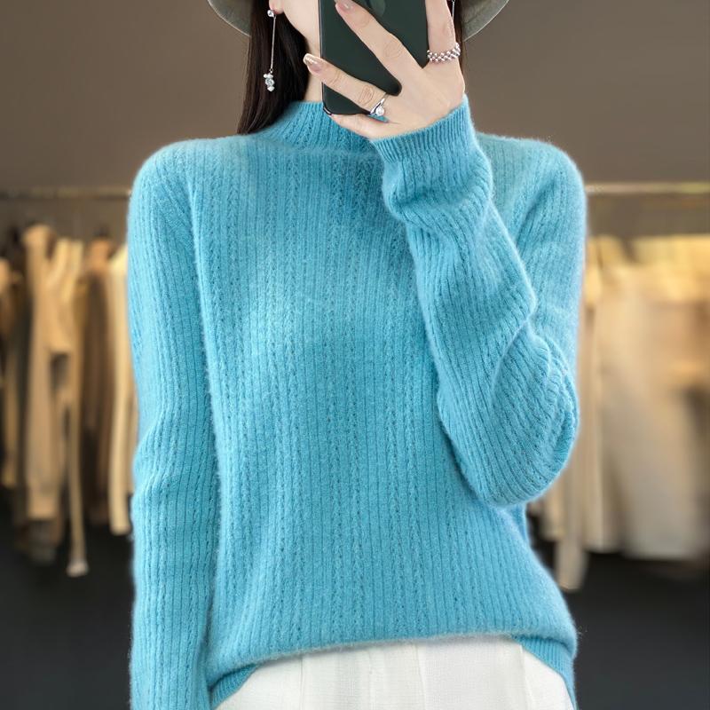 Damski sweter z półgolfem, kaszmir Qinghe, 30% kaszmiru, 70% wełny, zimowy sweter dzianinowy, jesienny sweter kaszmirowy