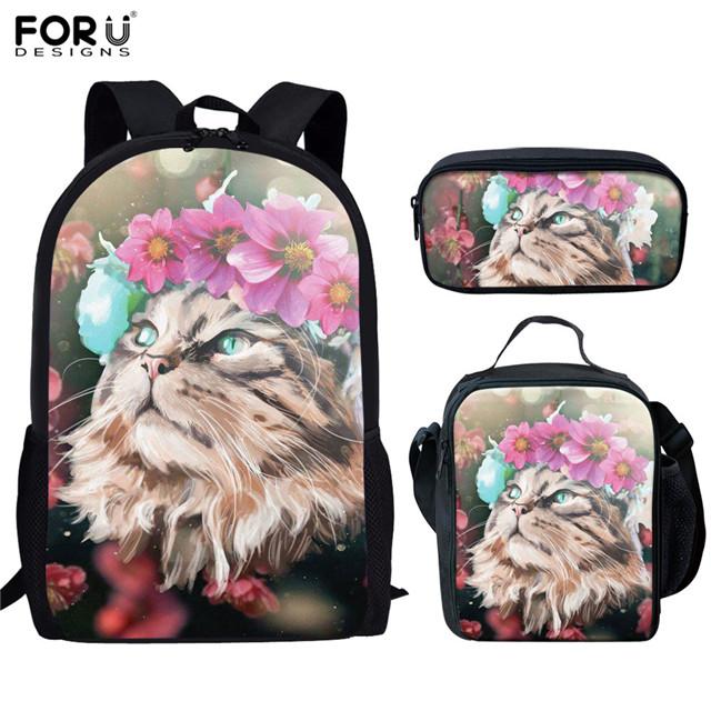 Klassiek Populair Schattig Kattenpatroon 3D Print 3 stuks/Set leerling Schooltassen Laptop Dagrugzak Rugzak Diagonale schoudertas Etui