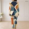 Women Plus Size Geometric Printed Half Zip Long Sleeve Top Fitted Long Pants Two Piece Set