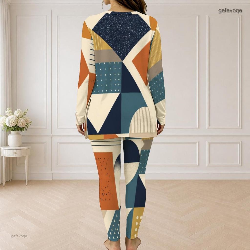 Women Plus Size Geometric Printed Half Zip Long Sleeve Top Fitted Long Pants Two Piece Set