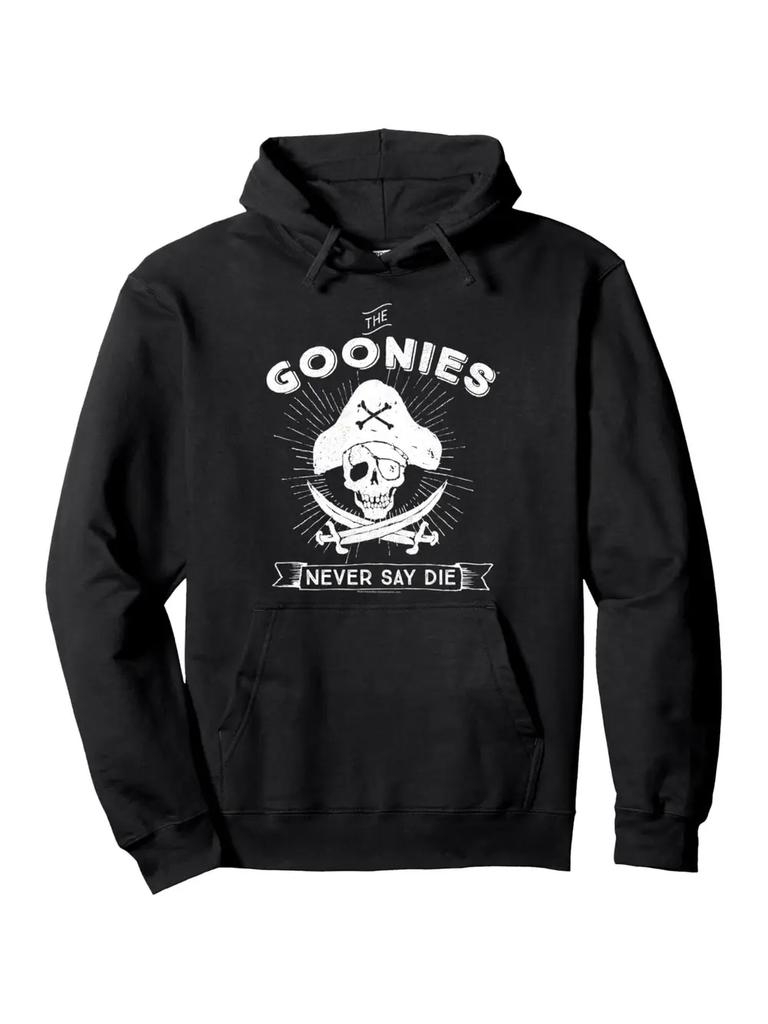 "The Goonies Never Say Die" Graphic Hoodie - Black Casual Pullover with Skull & Crossbones Design